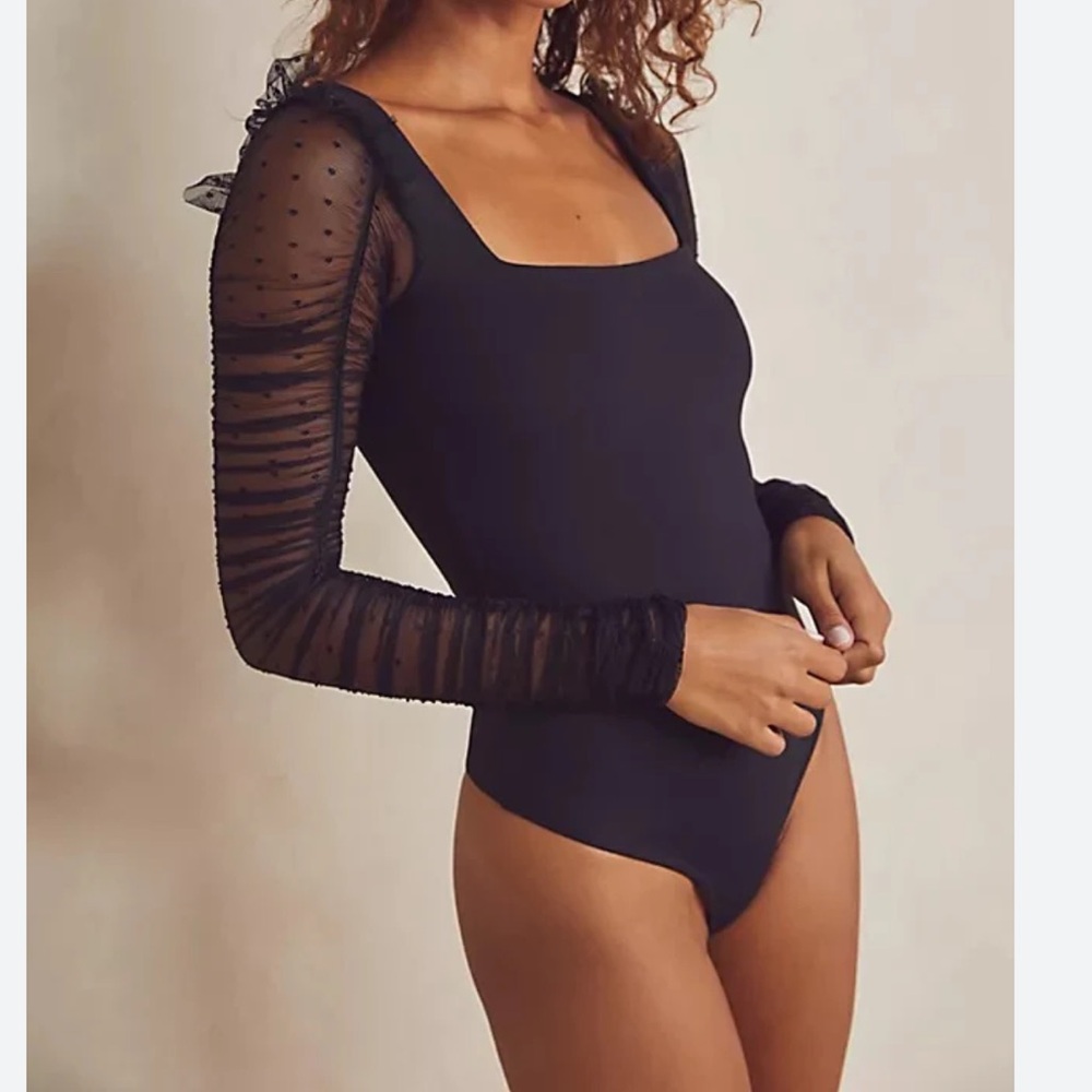 Free People Black Square Neck Sheer Dot Mesh Sleeve Bodysuit